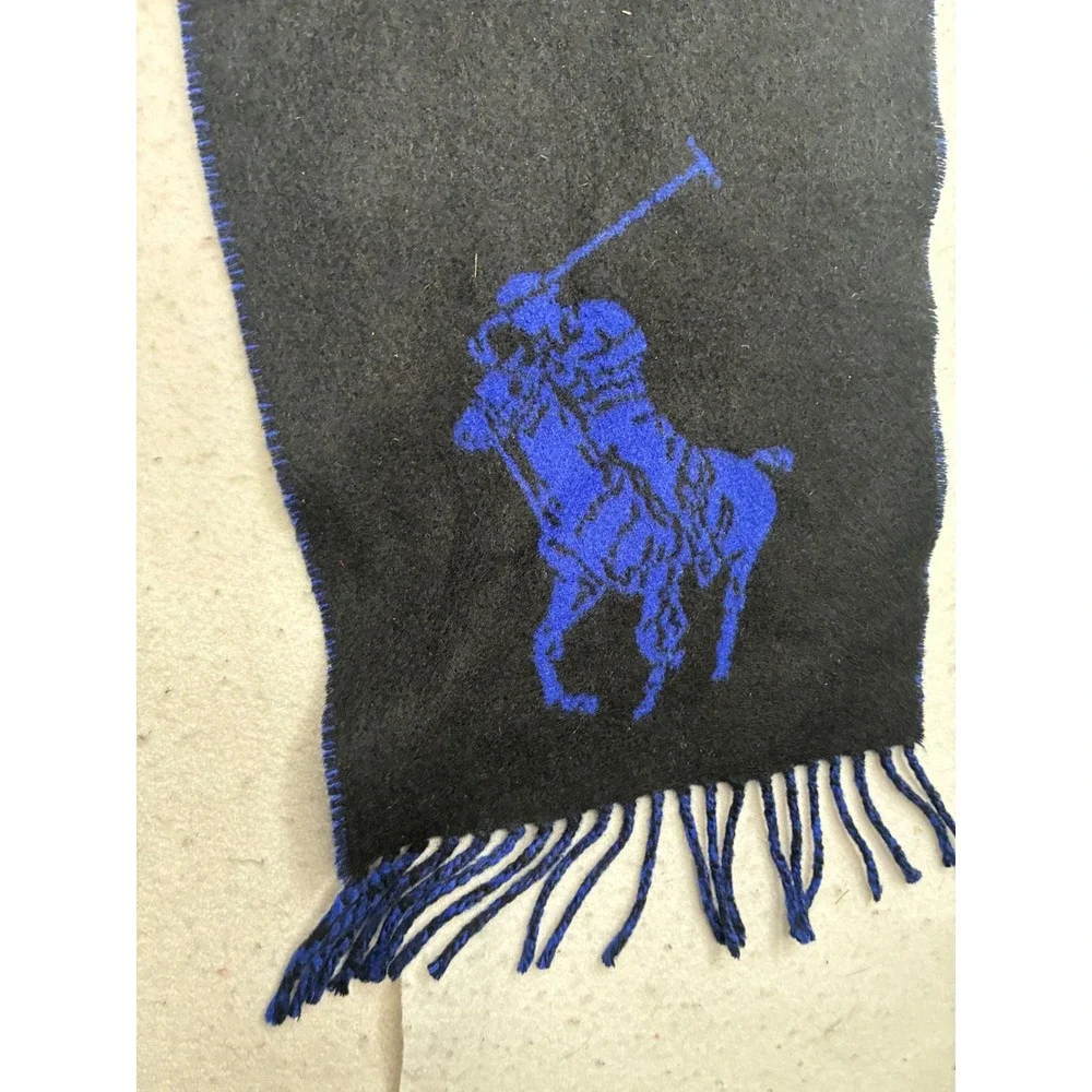Polo Ralph Lauren Reversible Scarf Black Royal Blue Big Pony Lambswool Italy